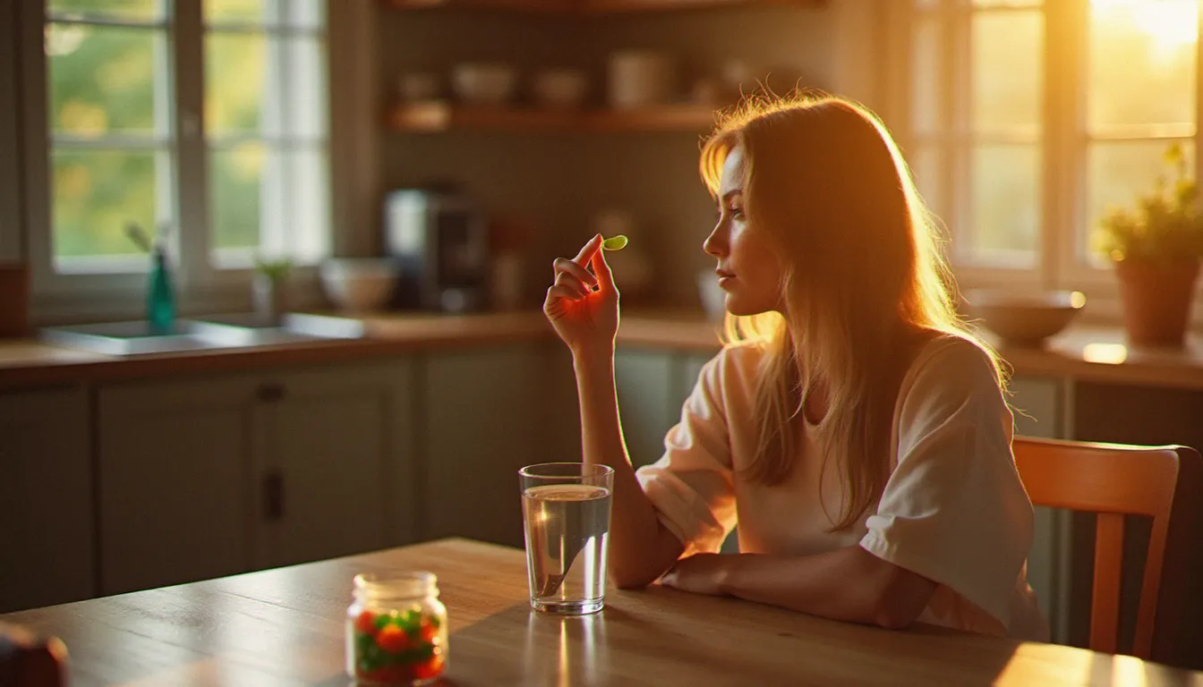 Femme tenant délicatement un gummy CBD coloré dans sa cuisine lumineuse le matin, illustrant la consommation quotidienne et le dosage des just cbd gummies