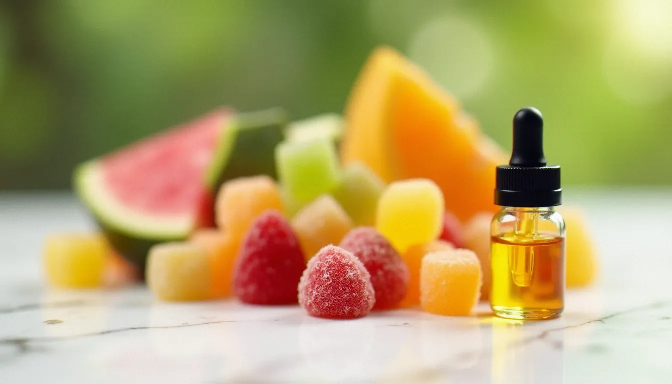 Gummies CBD colorés aux arômes fruités disposés sur une surface en marbre blanc à côté d'un compte-gouttes d'huile de CBD, illustrant les just cbd gummies