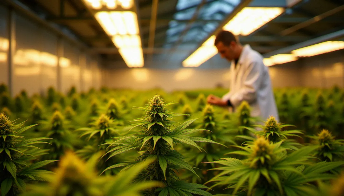 Serre de culture de chanvre CBD sous éclairage LED, rangées de plants en floraison inspectées par un technicien agricole
