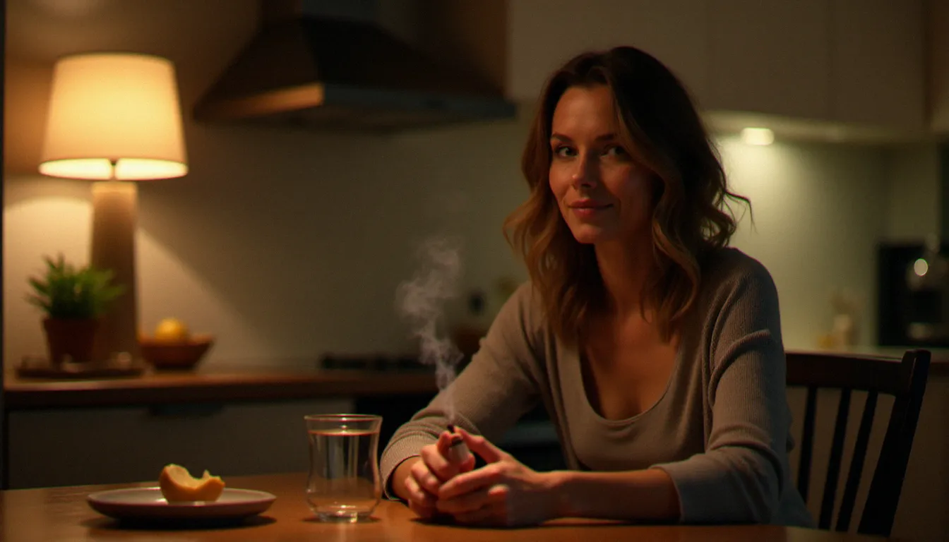 Femme détendue utilisant un vaporisateur de fleur CBD plain jane en soirée dans une cuisine moderne éclairée chaleureusement