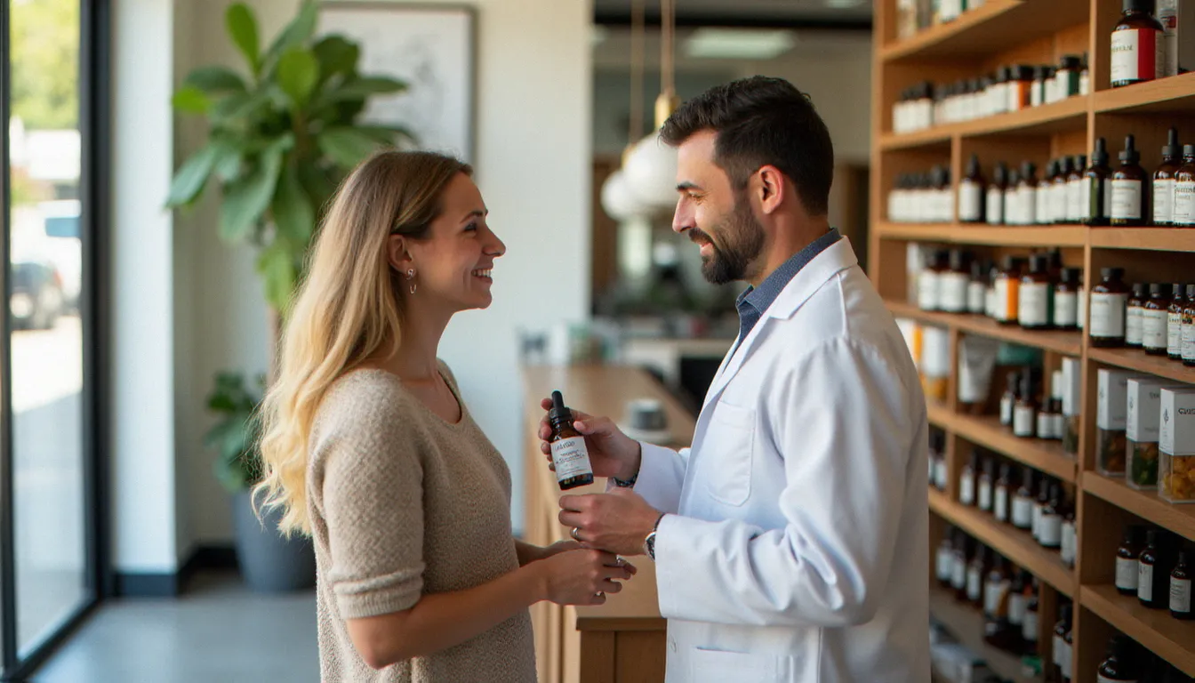 Intérieur d'une pharmacie néo-zélandaise moderne où un pharmacien conseille un client sur des produits CBD, illustrant le cadre réglementé d'accès au cannabidiol à Tauranga