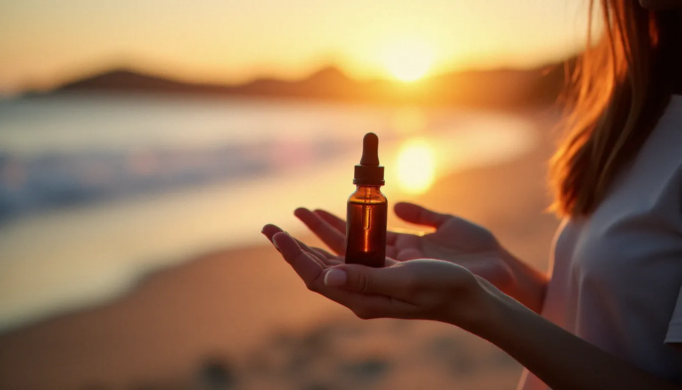 Mains tenant délicatement un flacon d'huile CBD devant la plage de Tauranga et le Mont Maunganui en arrière-plan flou, symbolisant la consommation responsable de tauranga cbd dans un cadre de bien-être naturel