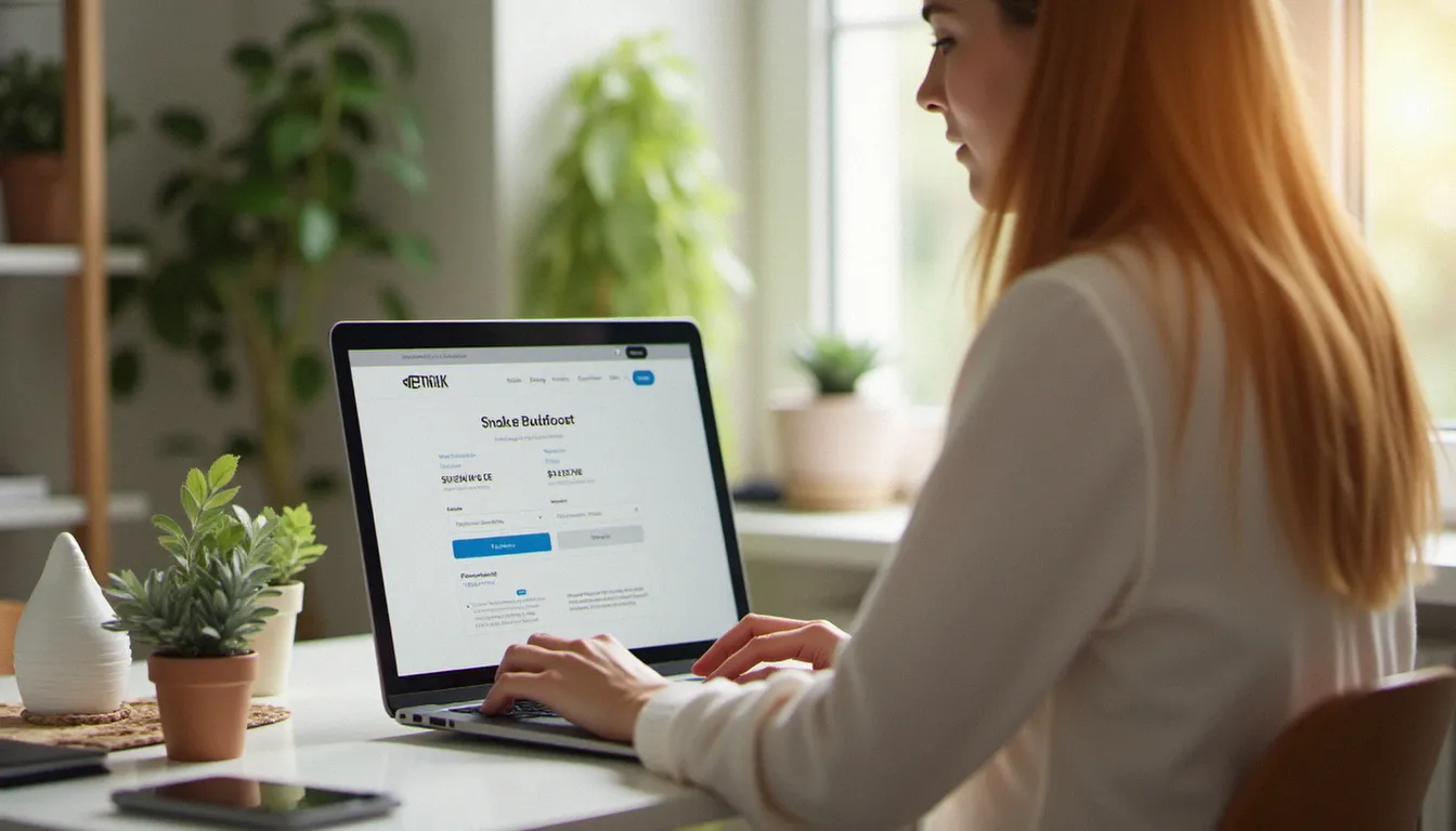 Femme utilisant un code promo CBD sur un site e-commerce depuis son bureau à domicile, saisissant un 5 CBD coupon lors du paiement