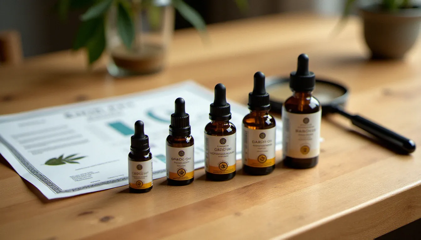 Différents produits CBD alignés par concentration à côté d'un certificat d'analyse laboratoire, pour vérifier la qualité avant d'utiliser un coupon CBD