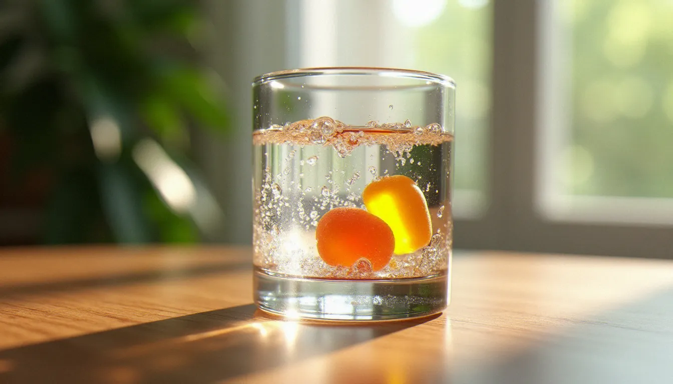 Bonbon CBD se dissolvant dans un verre d'eau, illustrant l'absorption digestive du cannabidiol