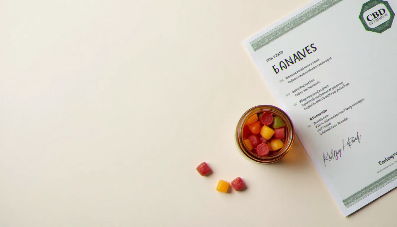 Flacon de bonbons CBD posé à côté d'un certificat d'analyse laboratoire, critères de qualité et traçabilité