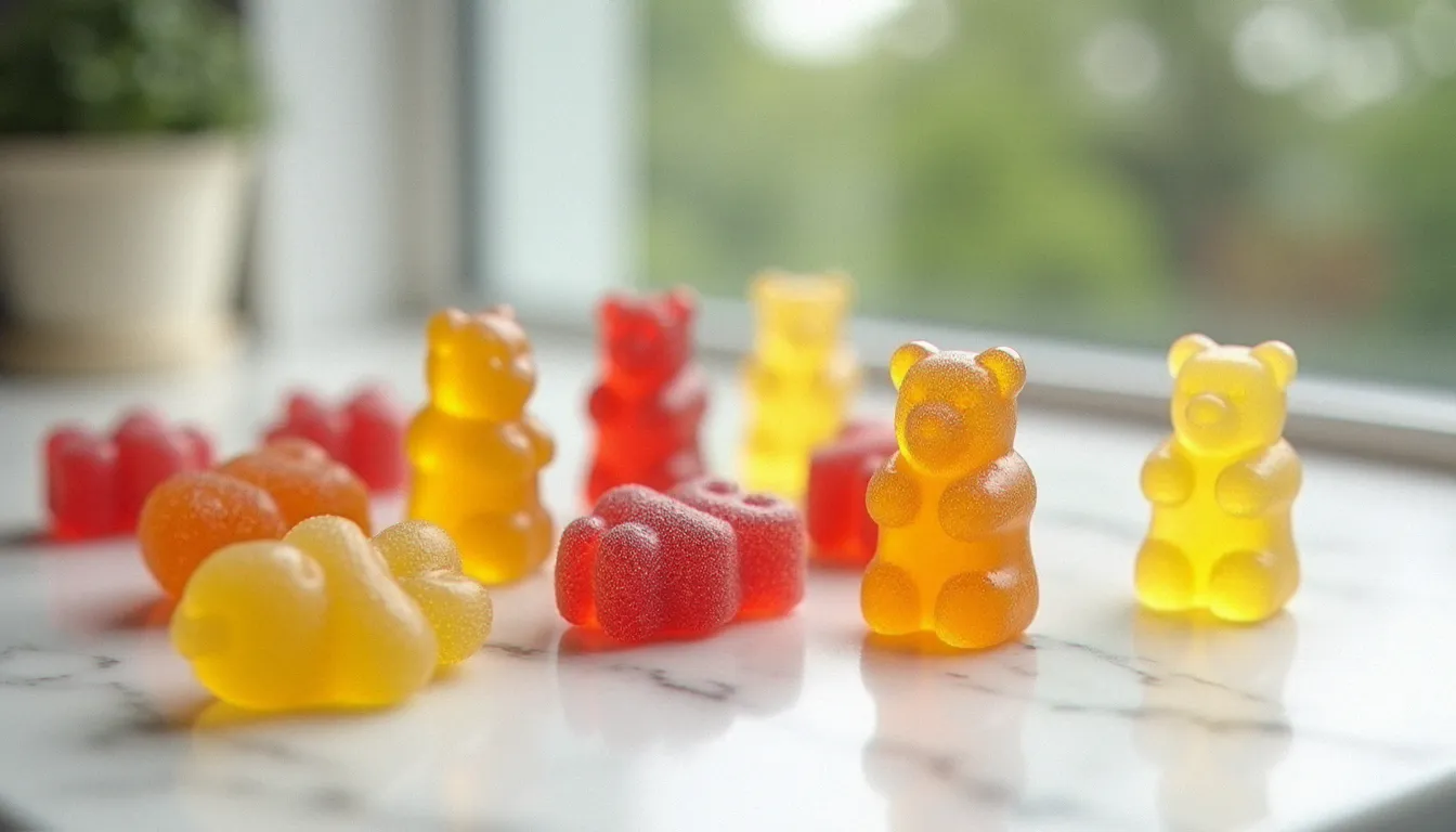 Bonbons CBD gélifiés colorés disposés sur marbre blanc, éclairage naturel