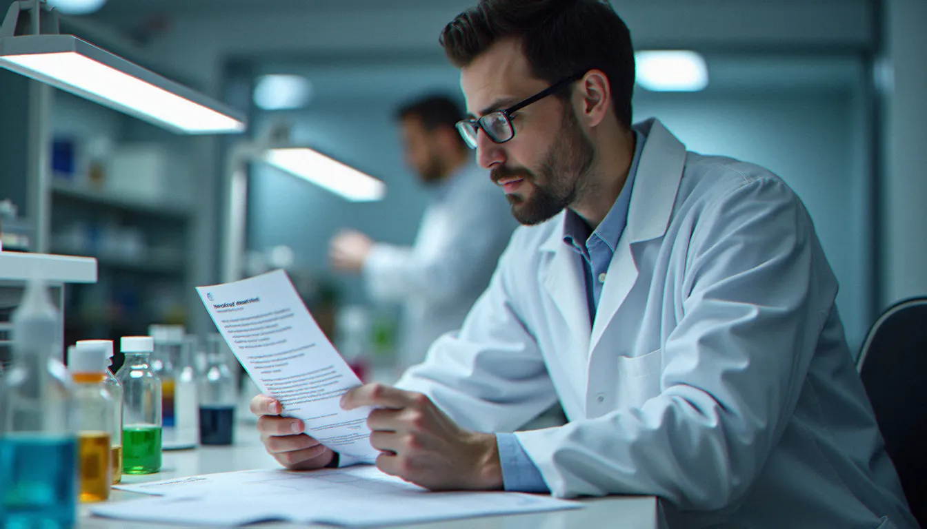 Technicien de laboratoire lisant un certificat d'analyse CBD, symbolisant la vérification de l'origine et de la qualité des produits