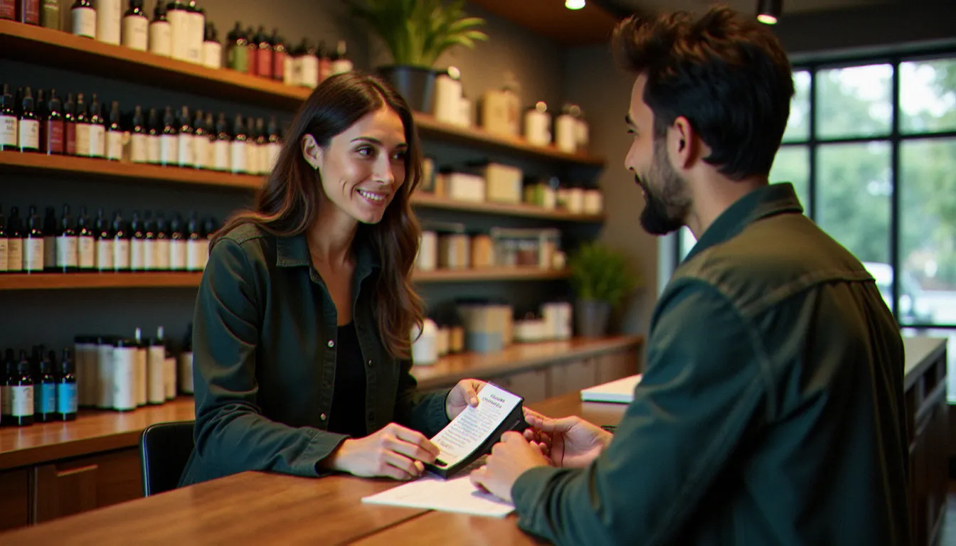 Vendeur en boutique CBD expliquant l'origine du chanvre à un client devant un présentoir de produits, illustrant l'importance du conseil en boutique CBD