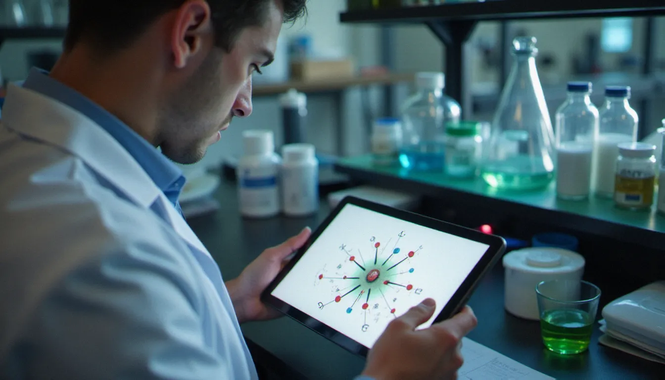 Chercheur en blouse blanche étudiant les mécanismes d'action des récepteurs cannabinoïdes sur une tablette numérique dans un laboratoire scientifique moderne