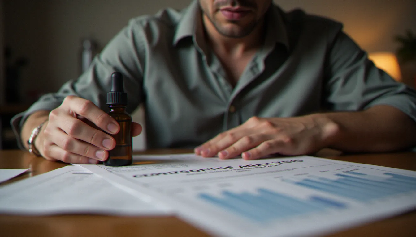 Personne examinant un flacon d'extrait cannabinoïde à large spectre CBC CBD accompagné d'un certificat d'analyse de laboratoire pour vérifier la qualité du produit