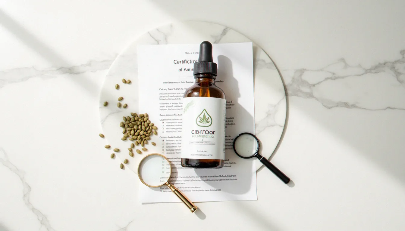 Vue aérienne d'un produit CBC CBD à spectre complet avec son certificat d'analyse COA et des graines de chanvre sur un fond marbre blanc, illustrant la vérification qualité