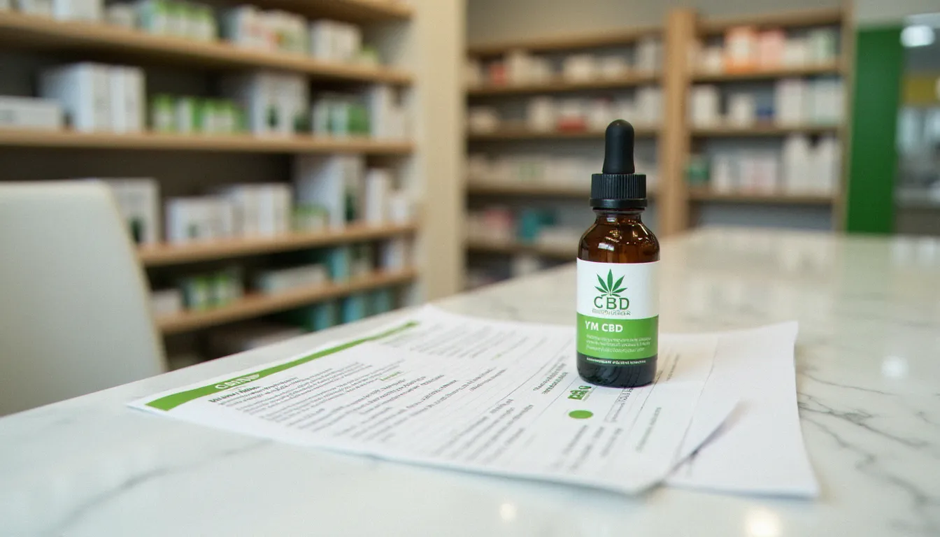 Flacon d'huile CBD avec certificat d'analyse de laboratoire posé sur un comptoir, illustrant les critères de qualité à vérifier lors d'un achat de CBD à Bordeaux