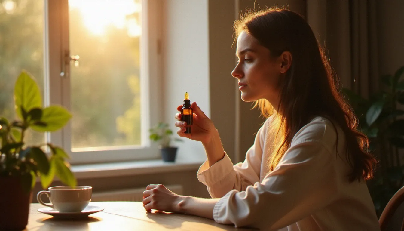 Femme utilisant une huile de CBD achetée dans une boutique de Bordeaux, installée près d'une fenêtre ensoleillée avec une tasse de tisane, illustrant une routine bien-être quotidienne
