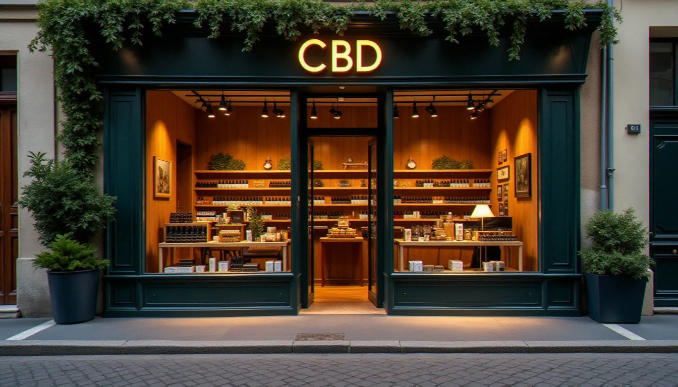 Boutique spécialisée CBD à Bordeaux avec des flacons d'huile de cannabidiol exposés en vitrine dans un quartier historique de la ville