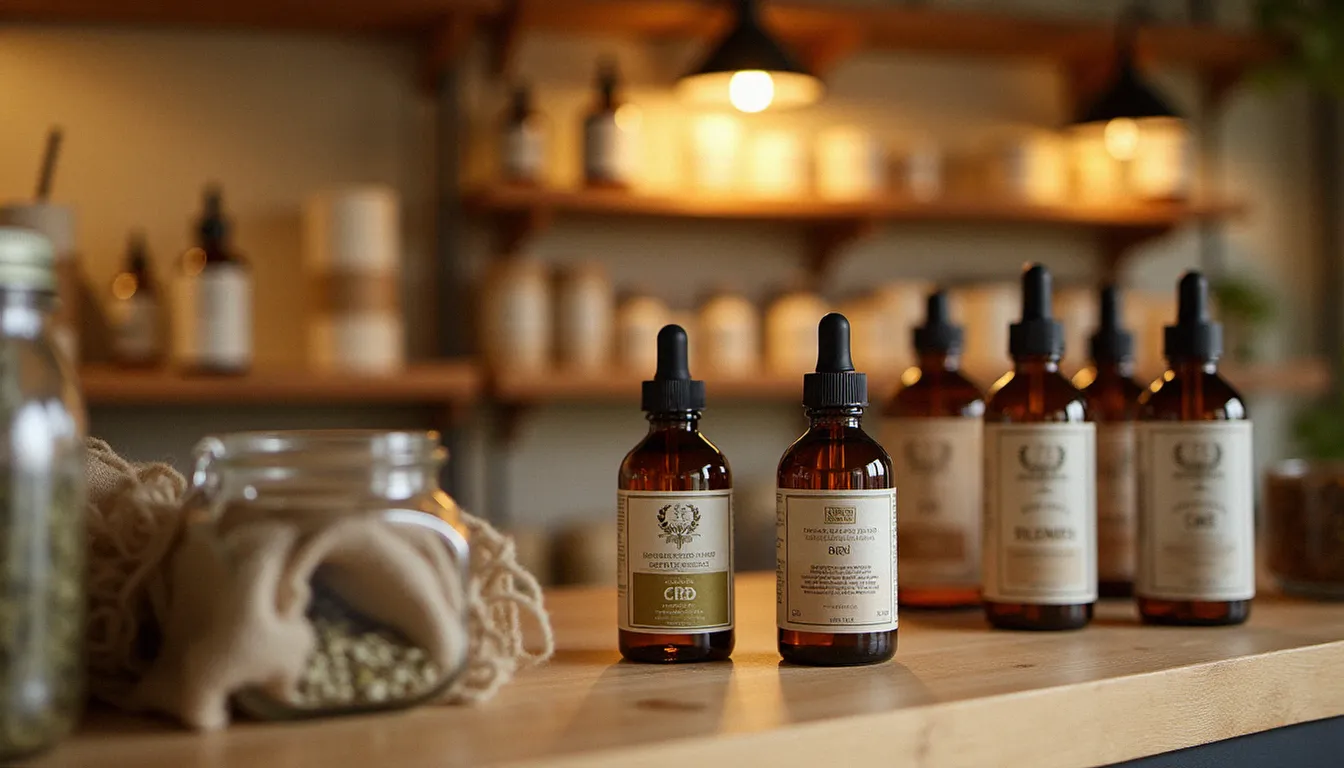 Intérieur d'une boutique CBD à Bordeaux avec des huiles et fleurs de chanvre exposées sur des étagères en bois sous un éclairage chaleureux