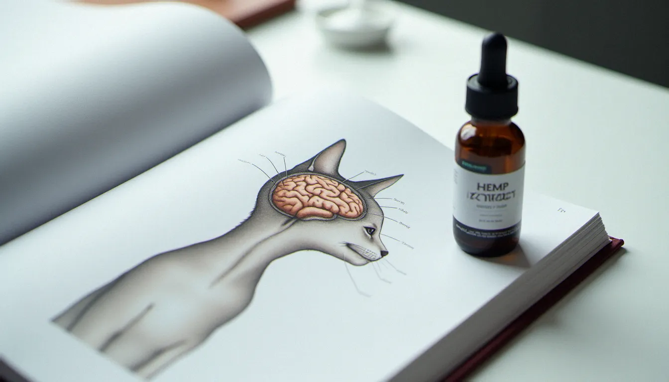 Illustration anatomique du système nerveux d'un chat dans un manuel vétérinaire, à côté d'un flacon d'extrait de chanvre, évoquant l'action du CBD sur le système endocannabinoïde félin