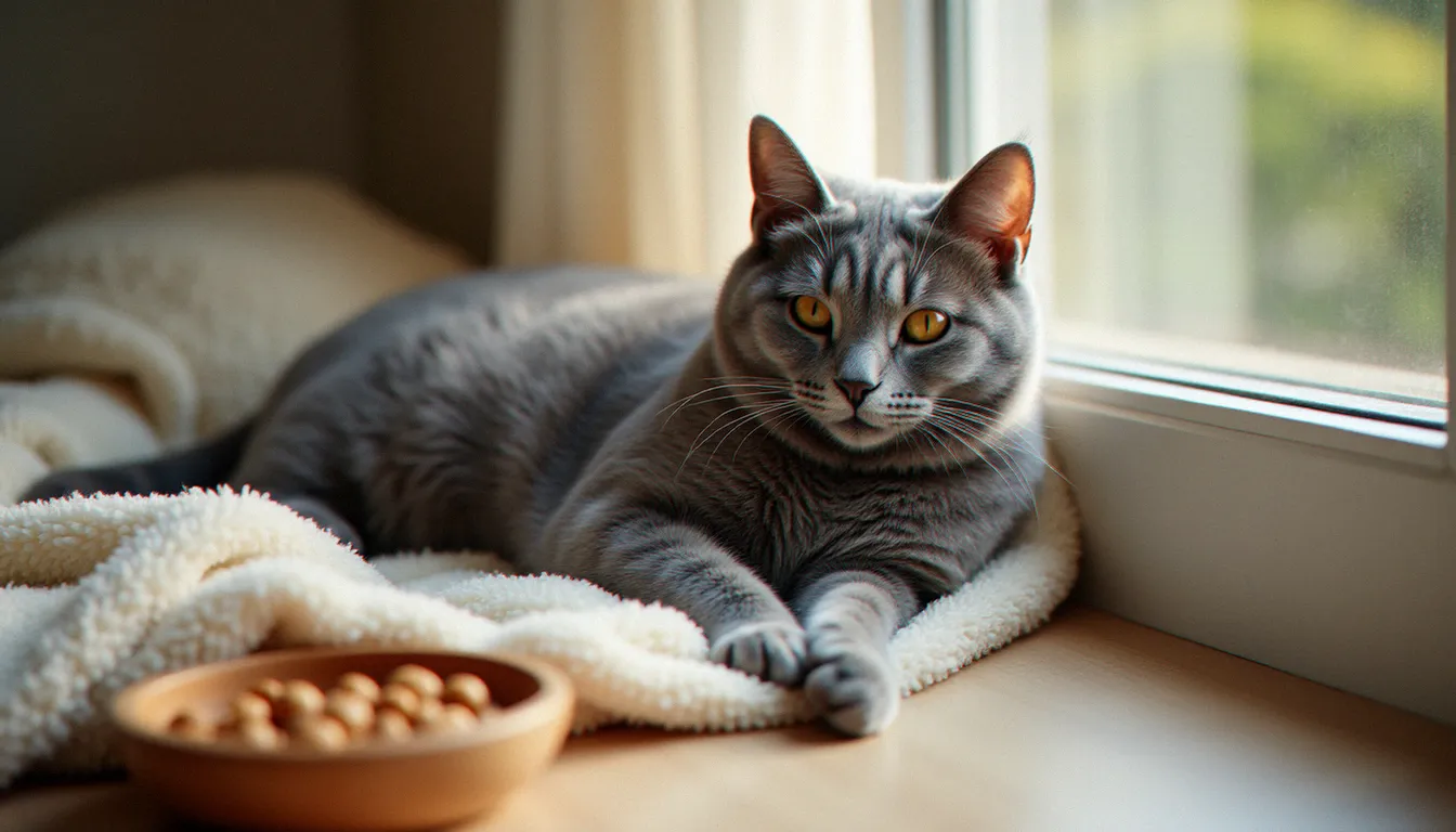 Un chat gris âgé allongé paisiblement sur une couverture, avec un bol de cbd cat treats en bois au premier plan, illustrant l'usage du CBD pour le confort des chats seniors