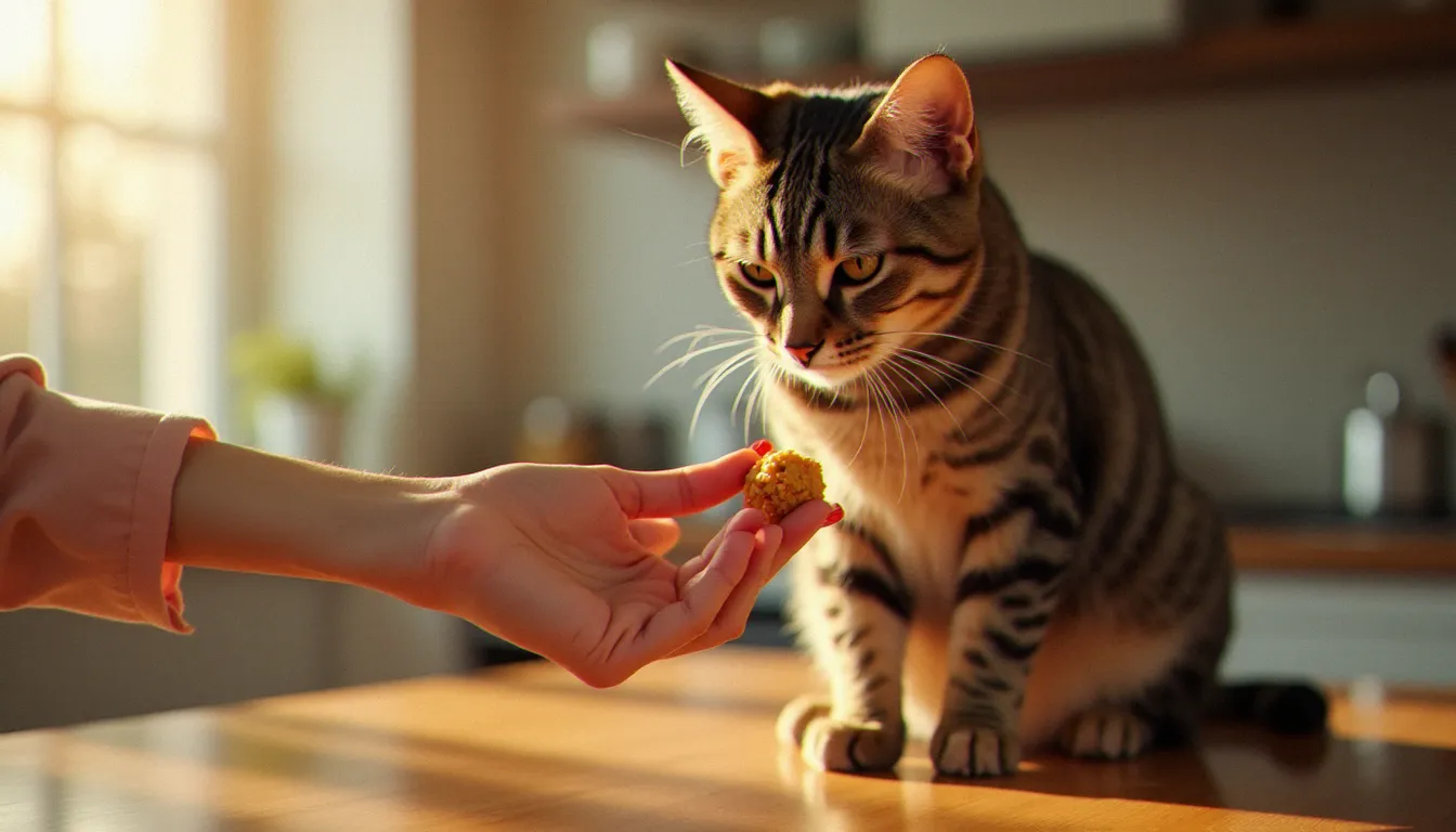 Un chat roux reniflant une friandise CBD cat treat tenue par une main, dans une cuisine lumineuse en bois naturel
