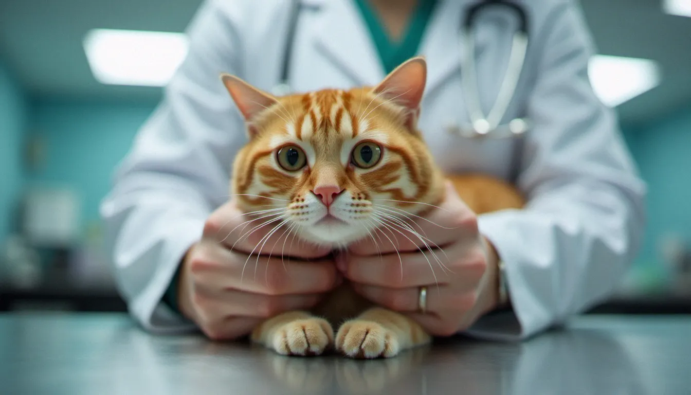 Vétérinaire examinant un chat roux en consultation clinique, contexte d'évaluation médicale avant usage de CBD chat