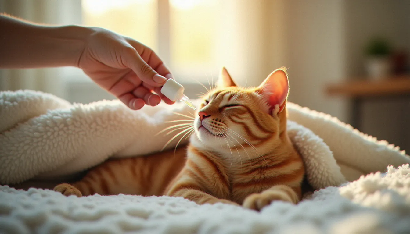 Un chat roux âgé recevant des gouttes d'huile CBD administrées par une personne âgée dans un environnement domestique lumineux