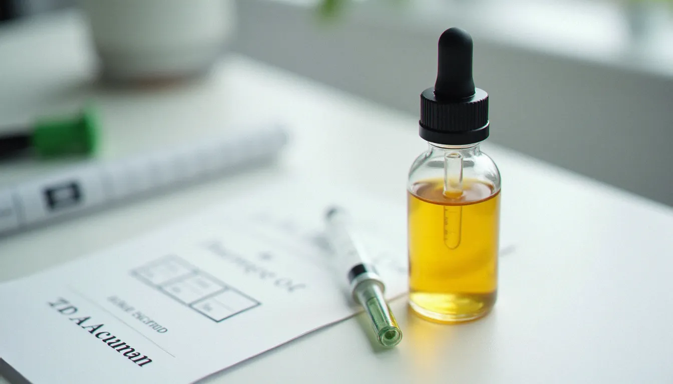 Flacon d'huile CBD pour animal avec certificat d'analyse et seringue de dosage posés sur un bureau, illustrant le choix d'un CBD de qualité pour chat