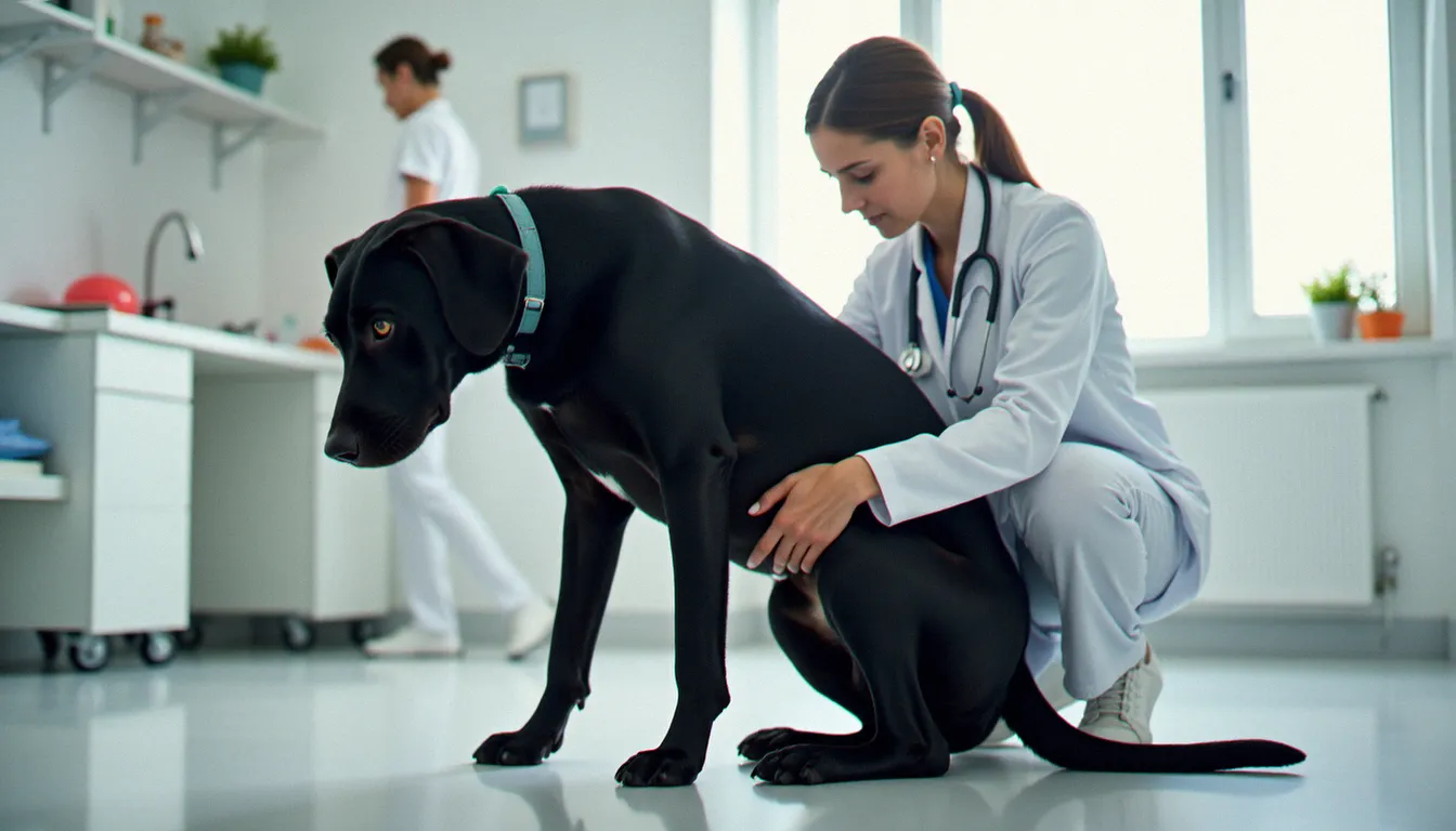 Une vétérinaire examinant la mobilité articulaire d'un labrador noir souffrant d'arthrose, dans un cabinet vétérinaire lumineux