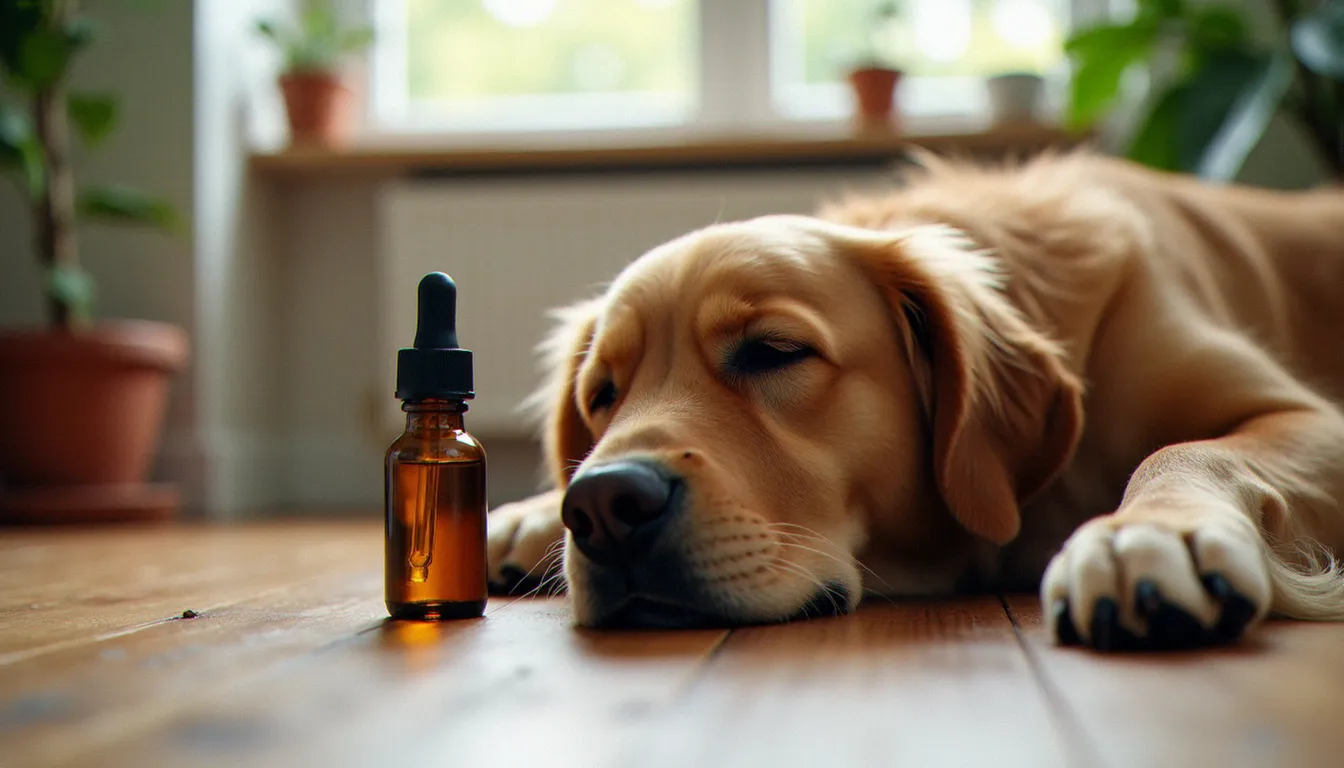 Un golden retriever allongé calmement sur un parquet, à côté d'un flacon d'huile de CBD pour chien avec compte-gouttes, illustrant l'usage du CBD chien