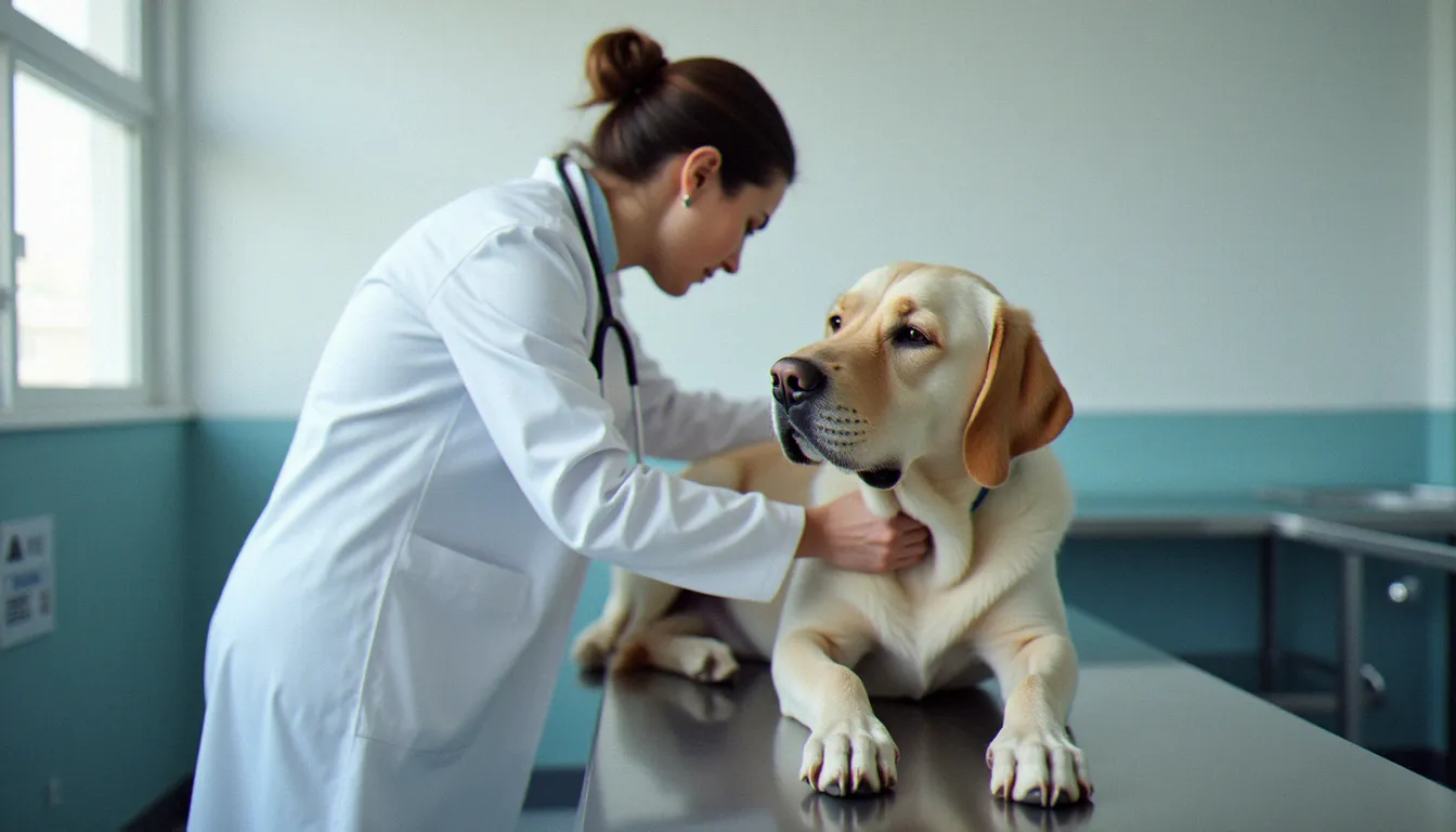 Vétérinaire examinant les articulations d'un labrador âgé lors d'une consultation pour douleurs articulaires, contexte d'utilisation du CBD chez les chiens souffrant d'arthrose