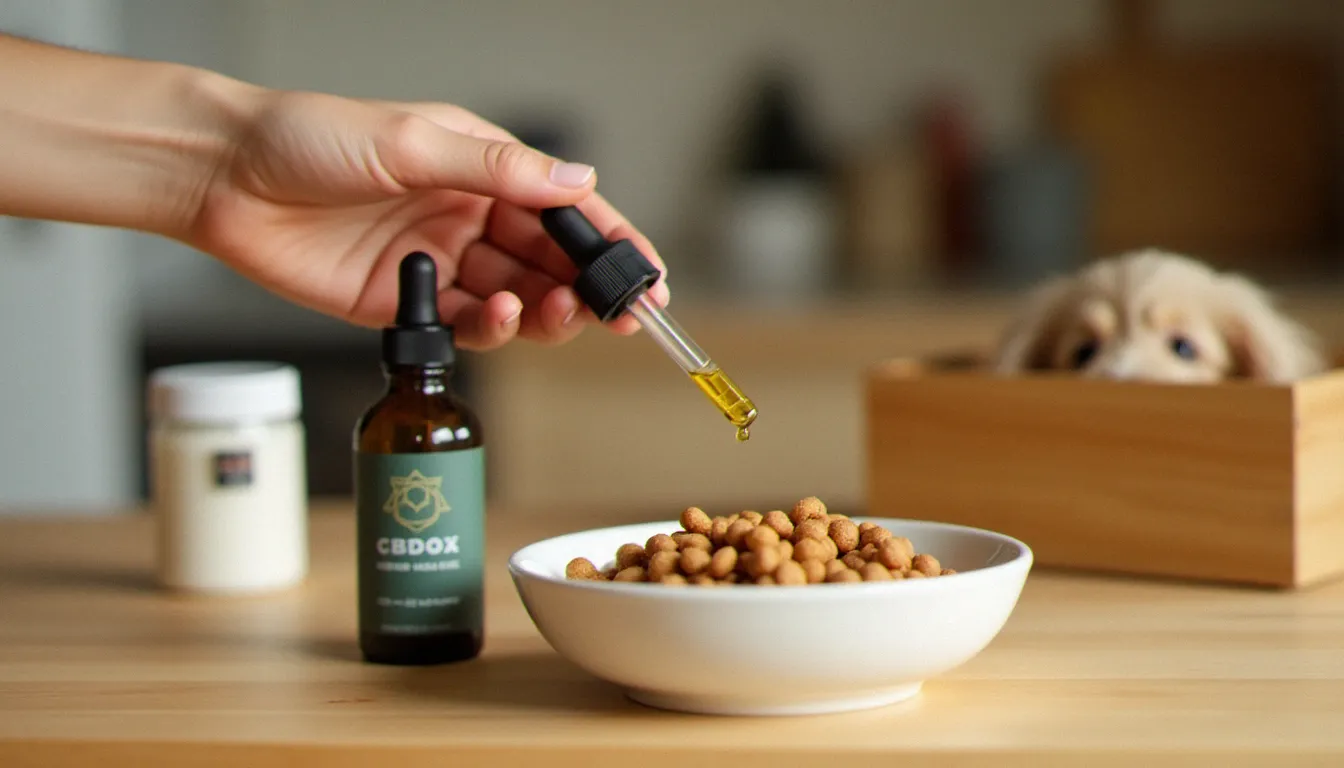 Flacon d'huile CBD tenu à côté d'un bol de croquettes pour chien, illustrant l'administration du cbd chiens pendant le repas pour une meilleure absorption