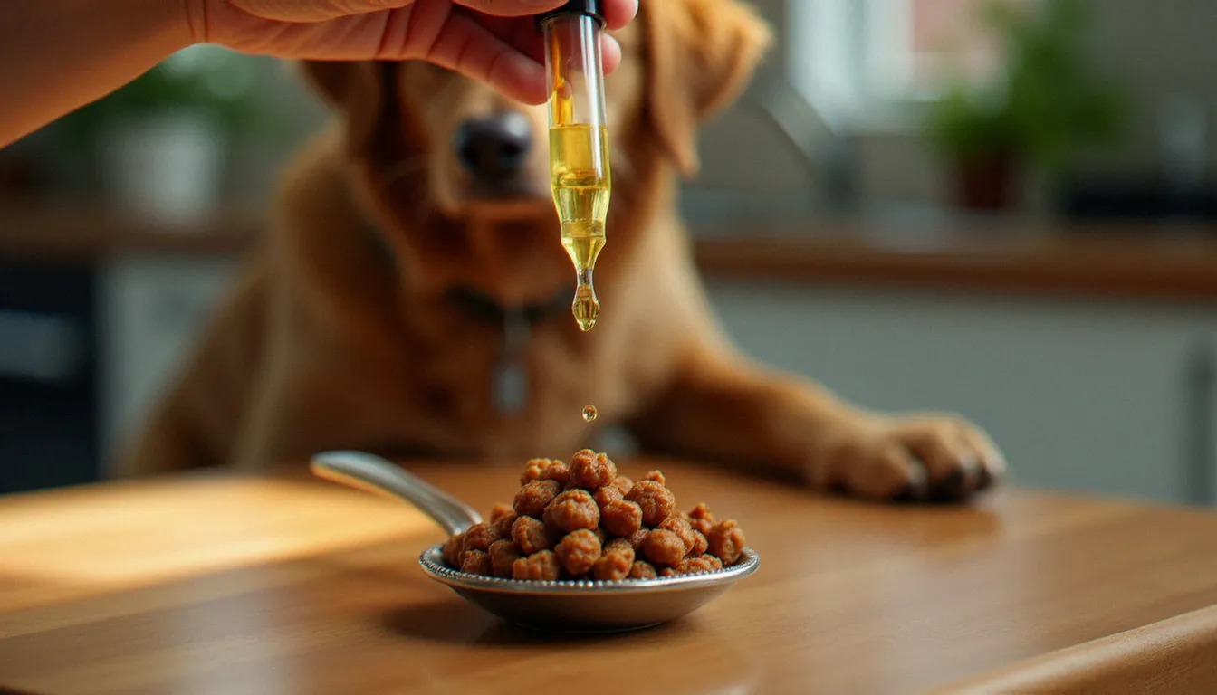 Dosage précis d'huile CBD versée sur de la nourriture pour chien, illustrant comment administrer le CBD chiens mélangé à la pâtée pour une meilleure absorption