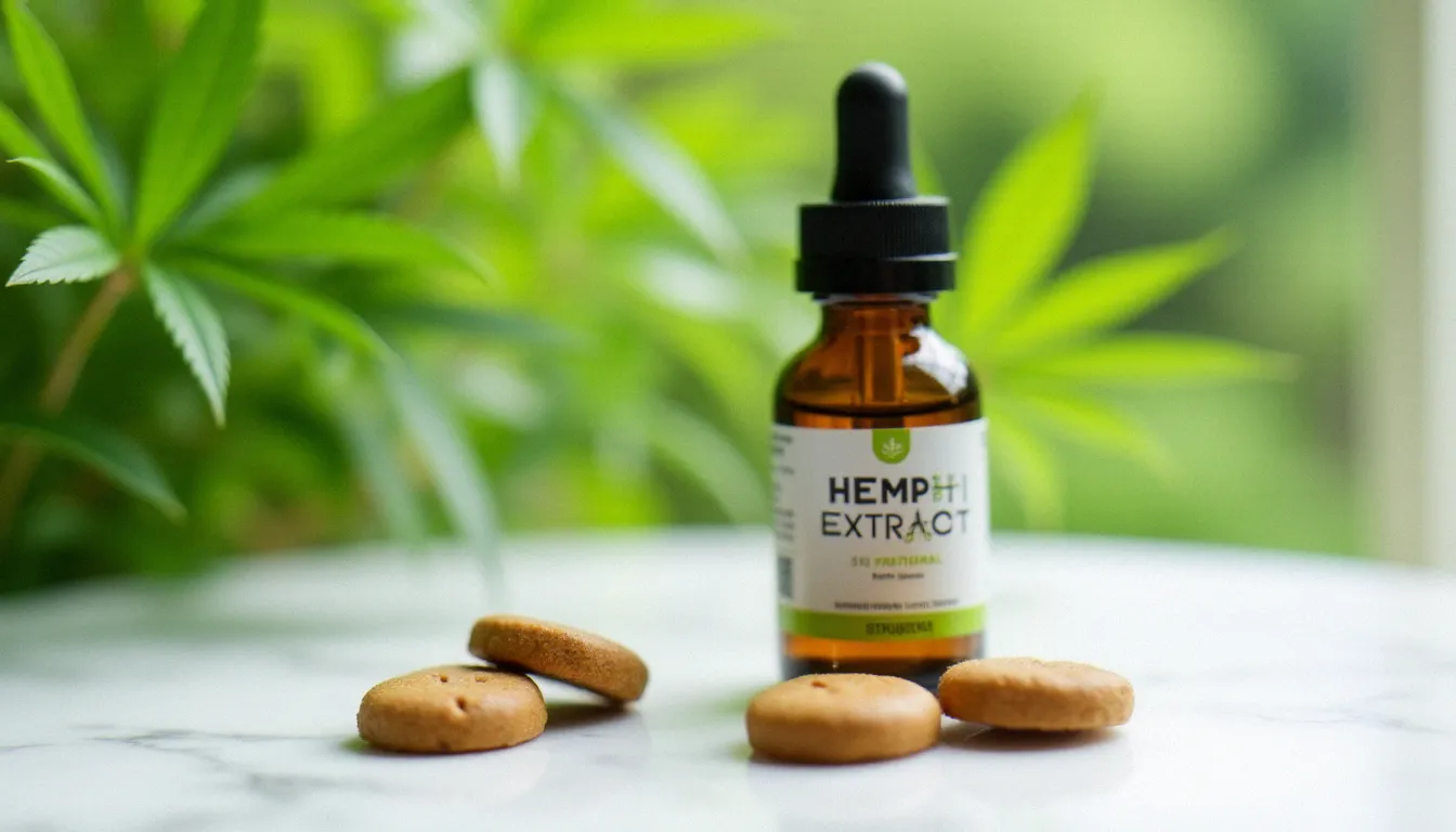 Flacon d'extrait de chanvre et friandises CBD pour chien sur marbre blanc, représentant les critères de qualité des cbd dog treats