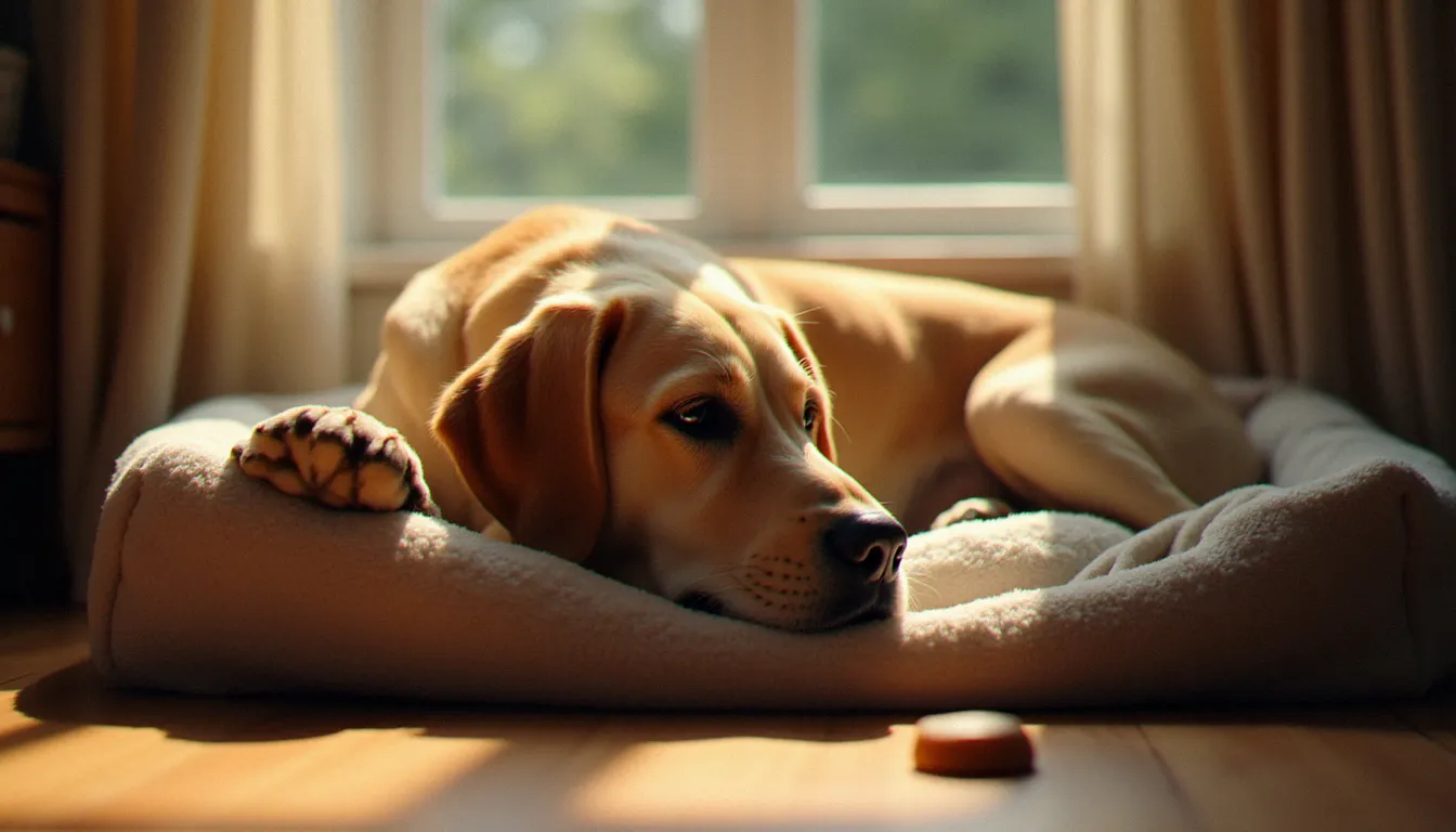 Labrador âgé au repos sur son coussin après administration de friandises CBD, illustrant les effets apaisants du dosage adapté