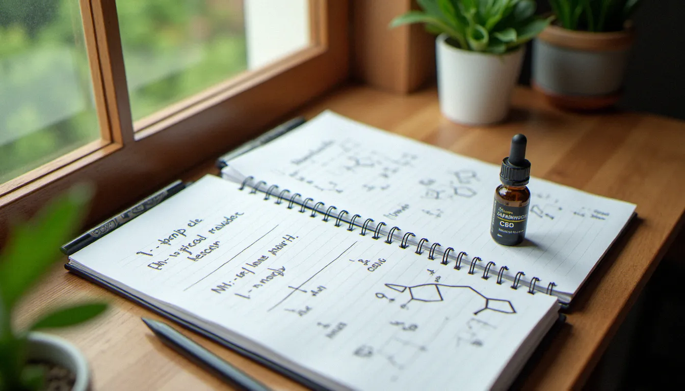Schémas moléculaires du CBD et du THC dans un carnet scientifique, illustrant la différence pharmacologique entre les deux cannabinoïdes