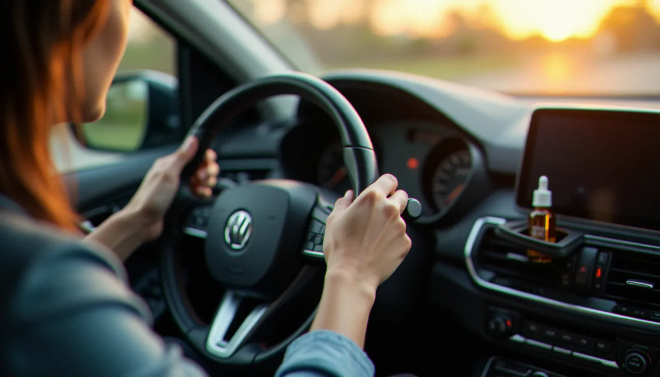 Mains sur un volant de voiture avec un flacon d'huile CBD visible en arrière-plan, illustrant la question du CBD et de la conduite