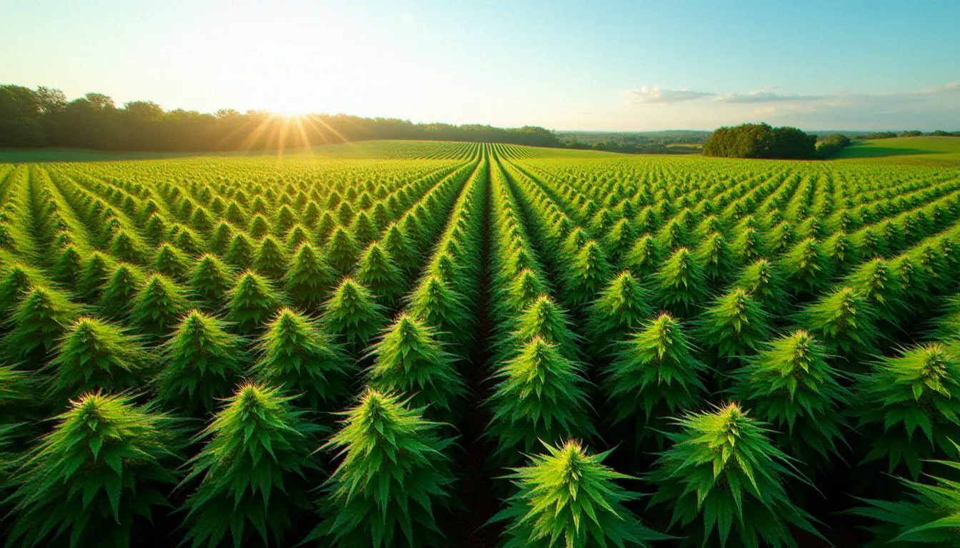 Champ de chanvre biologique en fleurs photographié en vue aérienne, illustrant la culture des plants utilisés pour fabriquer le CBD Hollyweed