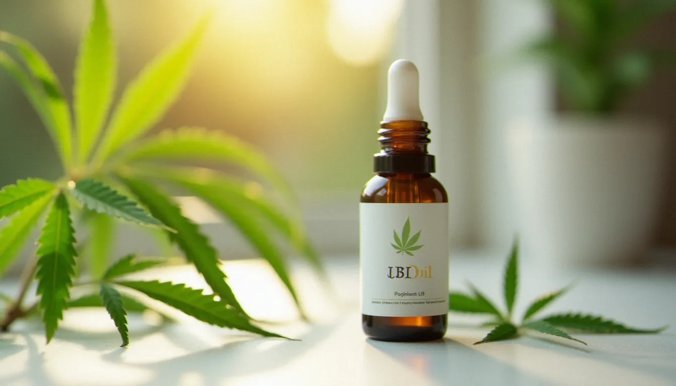 Flacon d'huile CBD Hollyweed full spectrum posé sur une surface en marbre avec des feuilles de chanvre fraîches, illustrant la qualité des produits cbd hollyweed