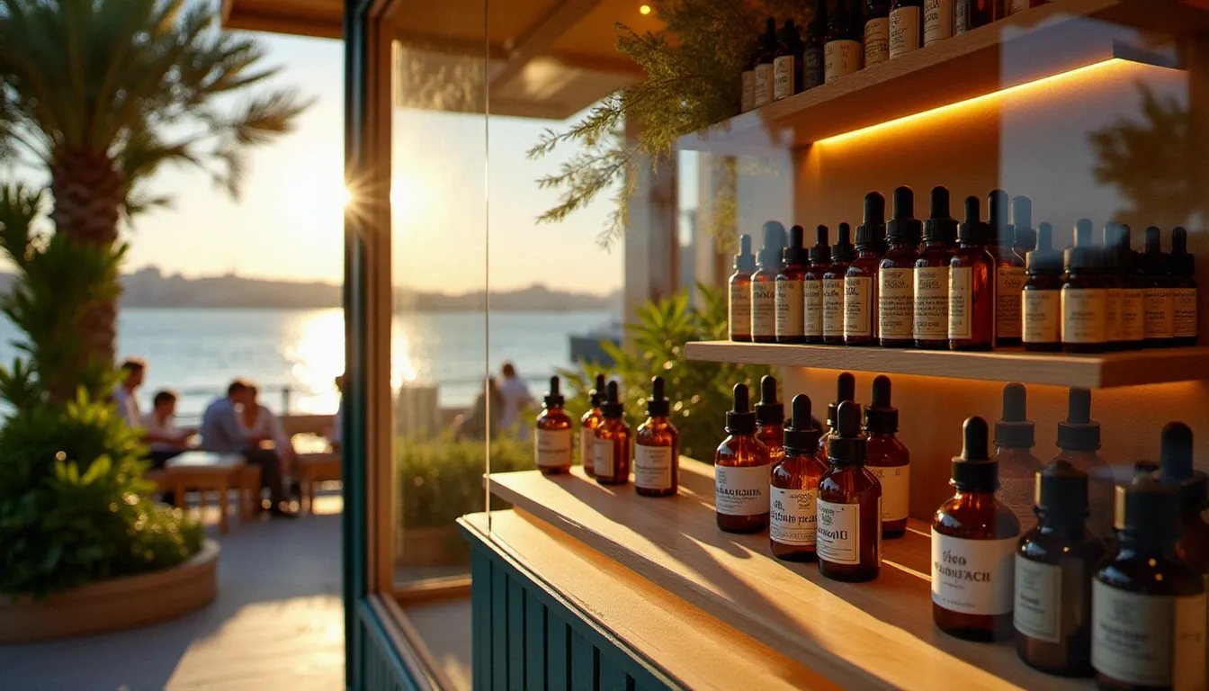 Devanture d'une boutique CBD à Marseille avec des flacons d'huile de cannabidiol disposés en vitrine, lumière méditerranéenne naturelle