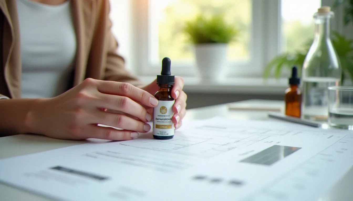 Mains tenant un certificat d'analyse laboratoire à côté d'un flacon d'huile CBD, illustrant la vérification de qualité indispensable lors de l'achat de CBD