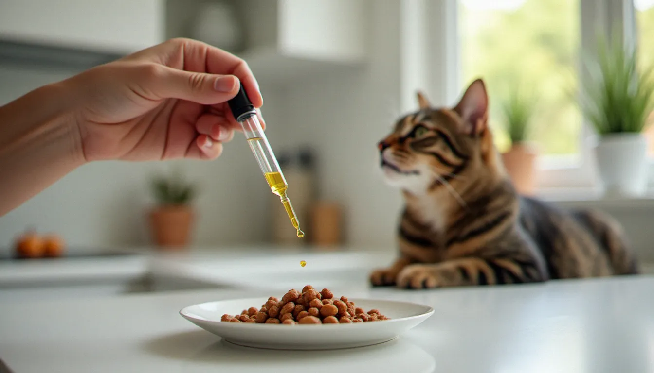 Administration dosée de cbd oil for cats dans la pâtée humide avec une seringue graduée, chat attendant sa ration sur un plan de travail de cuisine