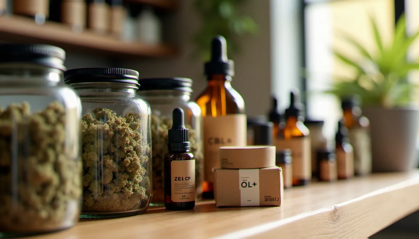 Présentation de produits CBD en boutique parisienne — fleurs, huiles et résines disposées sur un comptoir en bois avec étiquettes de traçabilité