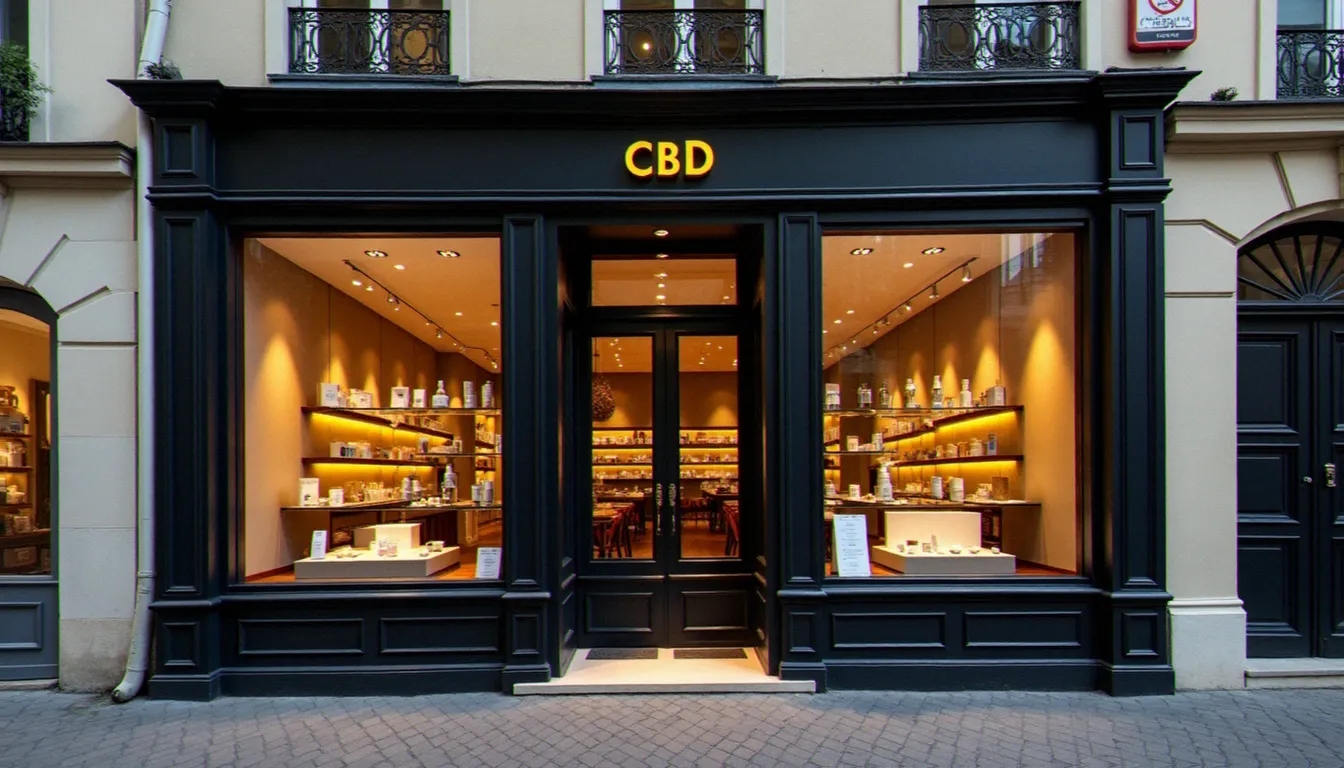 Façade d'une boutique CBD dans le 7e arrondissement de Paris, vitrine moderne intégrée dans un immeuble haussmannien, illustrant le concept de cbd paris 7 weed land