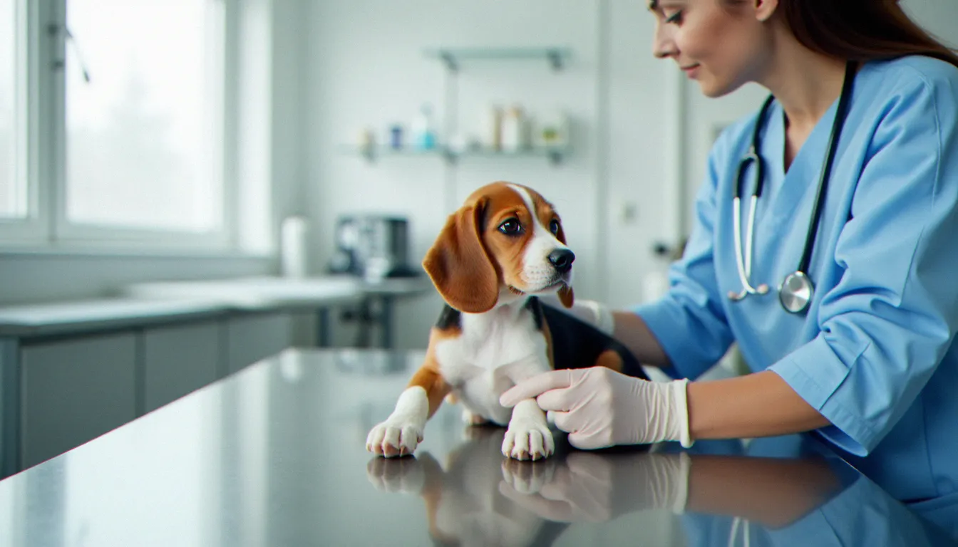 Une vétérinaire examinant attentivement un beagle sur une table d'examen clinique, symbolisant l'importance de la consultation vétérinaire avant d'utiliser du CBD pour chien