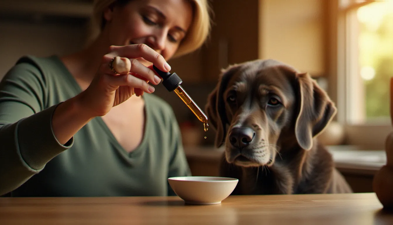 Une propriétaire dosant précisément des gouttes d'huile de CBD dans la gamelle de son labrador âgé, illustrant l'administration quotidienne du CBD pour chien à domicile