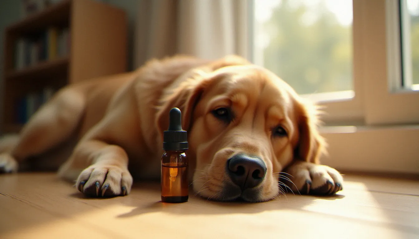 Un golden retriever détendu allongé à côté d'un flacon d'huile de CBD pour chien, illustrant l'utilisation apaisante du CBD pour chien dans un cadre domestique