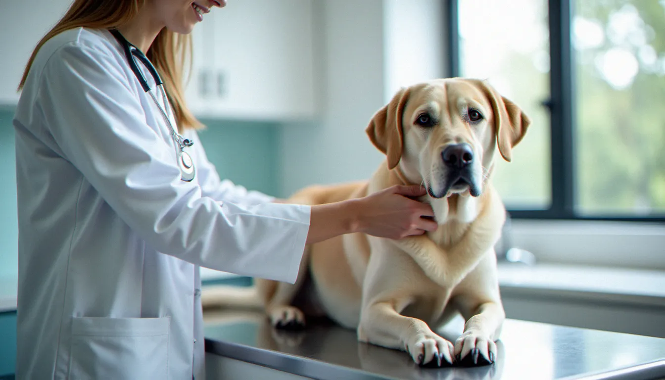Vétérinaire examinant un labrador âgé en consultation, contexte d'évaluation des effets du CBD pour chiens souffrant d'arthrose