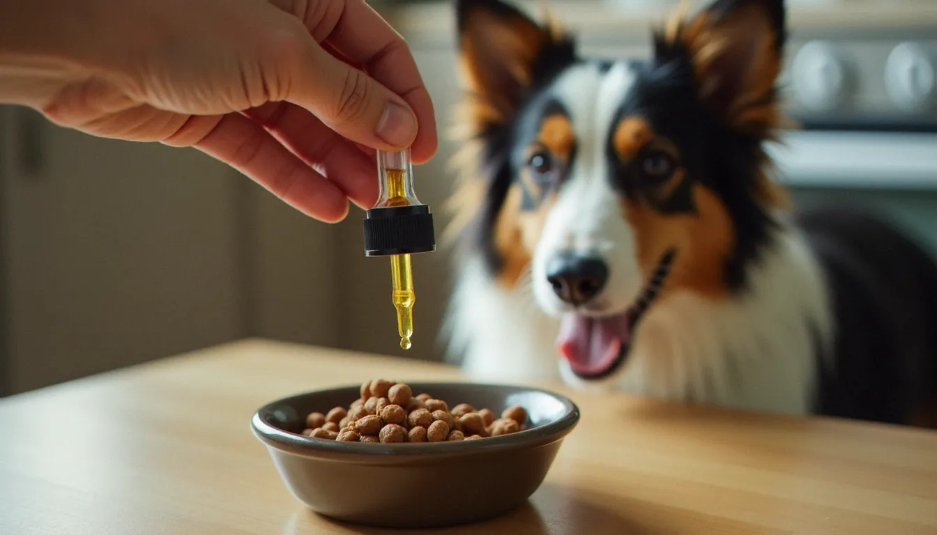 Main dosant des gouttes d'huile de CBD dans une gamelle, illustrant le processus de dosage du CBD pour chiens à domicile