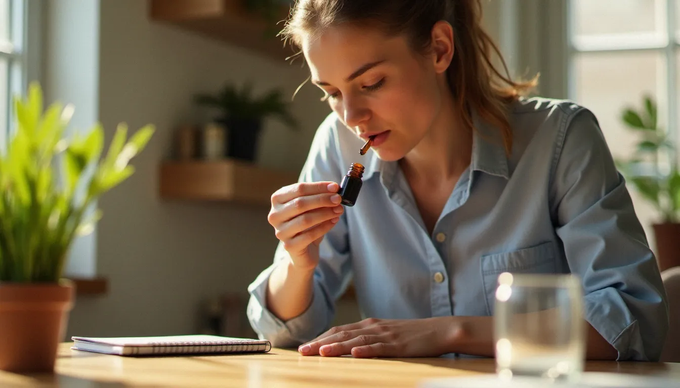 Personne utilisant une huile de CBD puissante en prise sublinguale à domicile dans la lumière matinale, geste quotidien soigné dans un cadre naturel et chaleureux