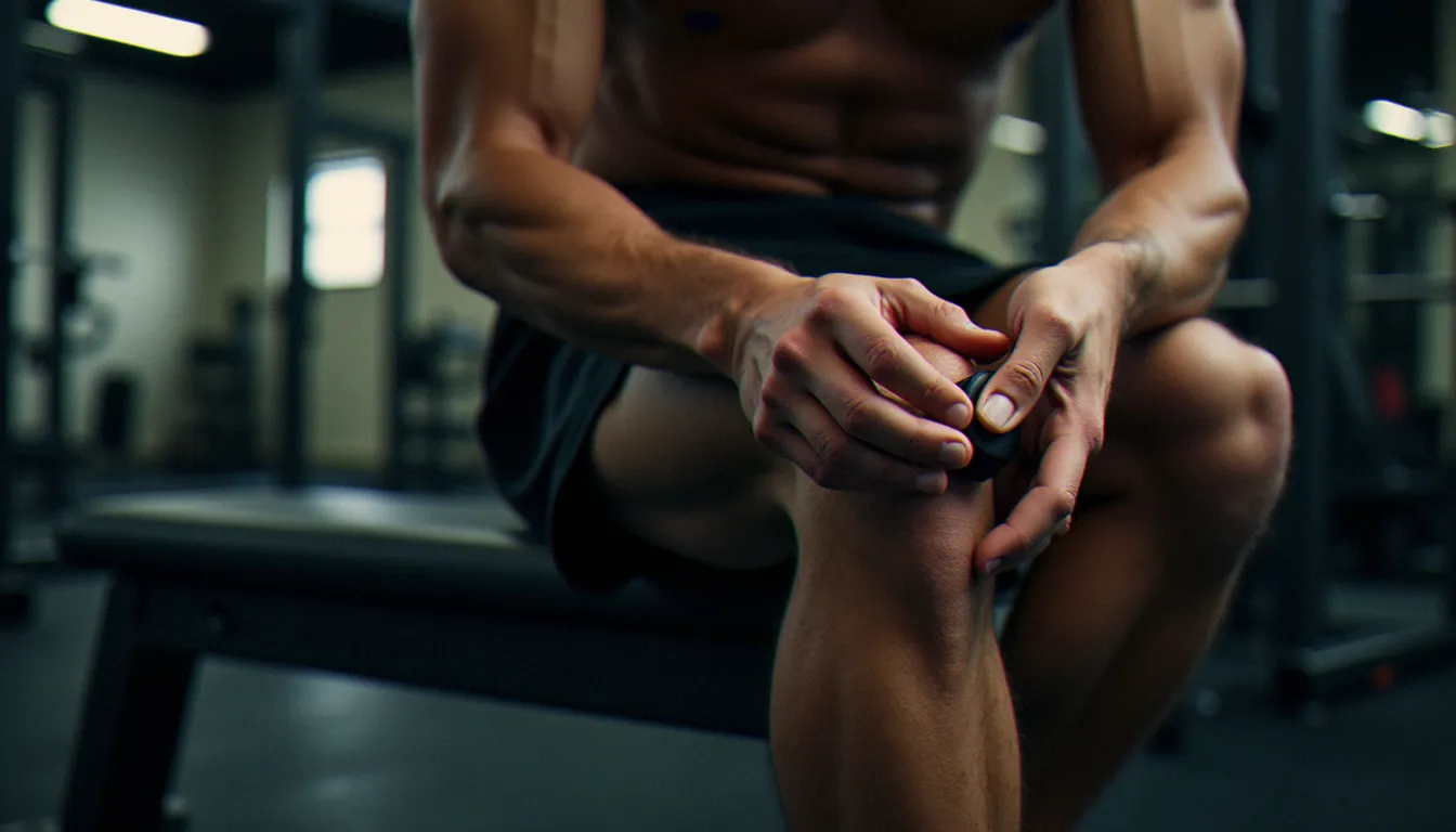 Sportif appliquant un CBD roll on sur le genou après l'effort en salle de sport, illustrant l'usage du cannabidiol topique pour la récupération musculaire