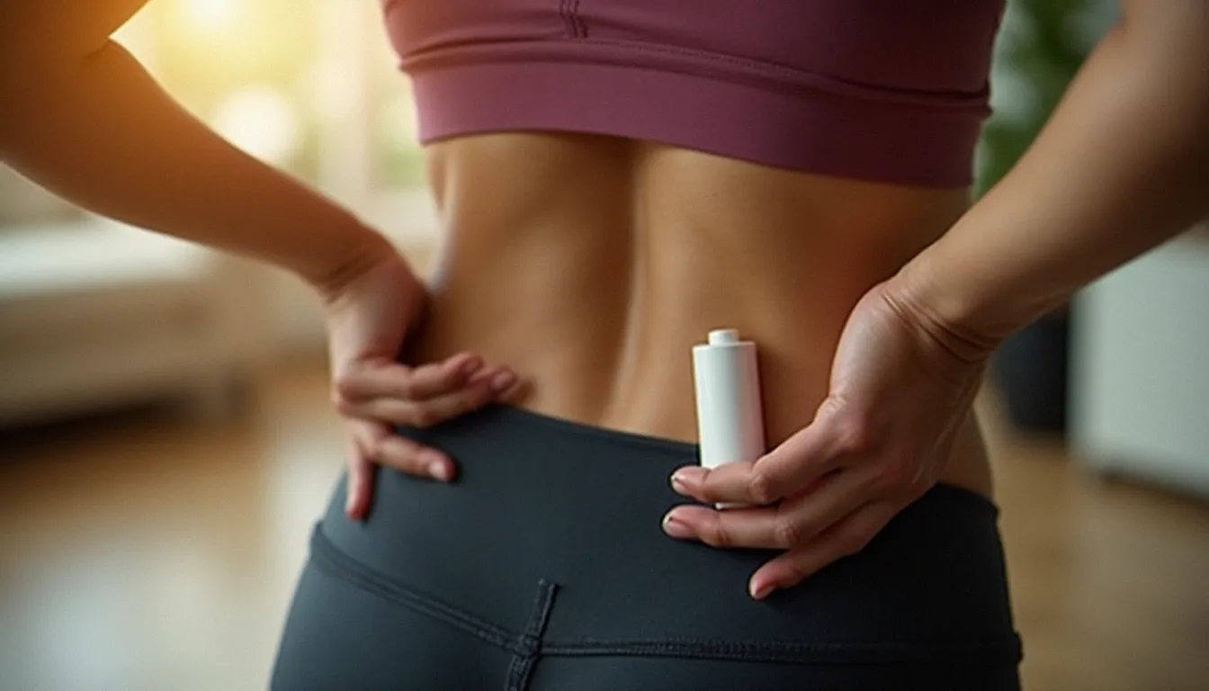 Application d'un CBD roll on sur le bas du dos par une femme sportive, illustrant l'utilisation ciblée du cannabidiol en format topique
